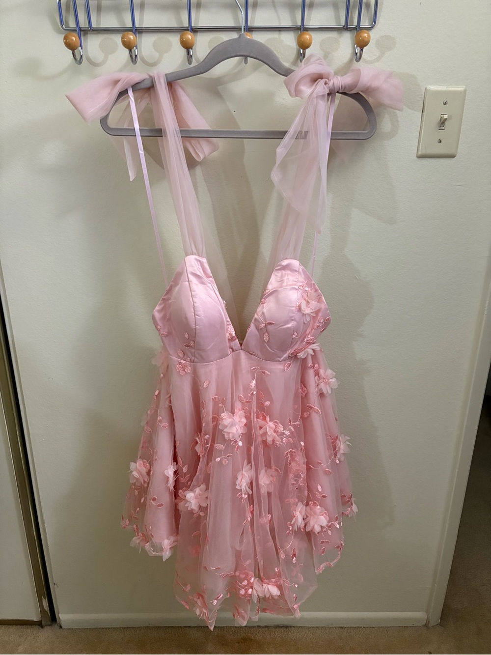 Selfie Leslie Pink Floral Tulle Party Dress with Sheer Bow Straps